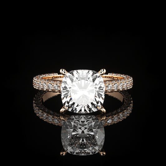 Solitaire 3 Row Pavé Cushion 14K Rose Gold