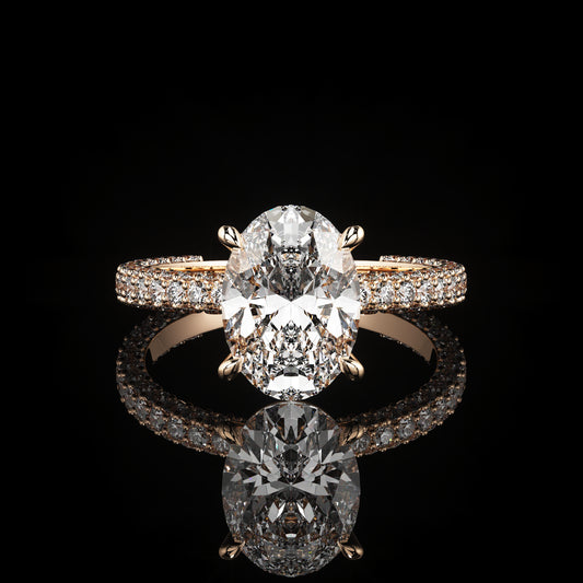 Solitaire 3 Row Pavé Oval 14K Rose Gold