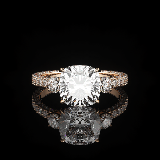 Three Stone 3 Row Pavé Cushion 14K Rose Gold