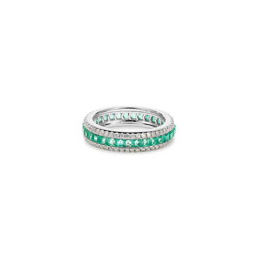 THREE ROW DIAMOND EMERALD RING