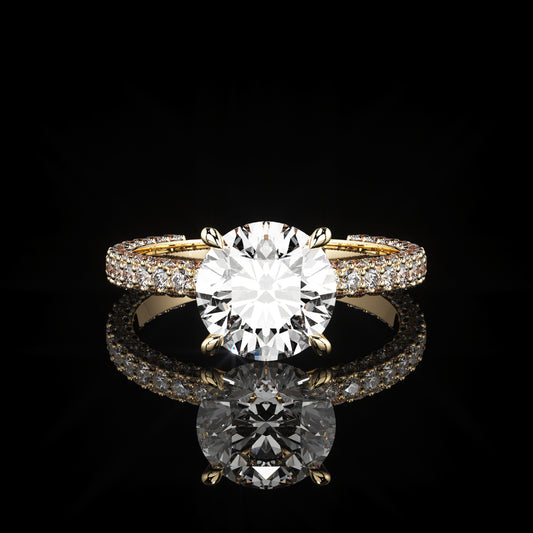 Solitaire 3 Row Pavé Round 18K Yellow Gold