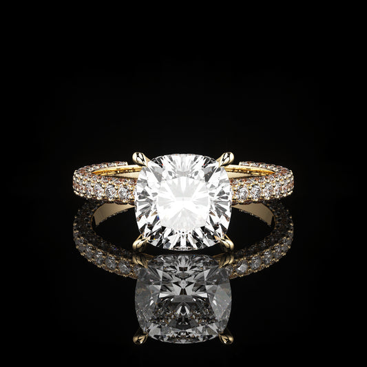 Solitaire 3 Row Pavé Cushion 14K Yellow Gold