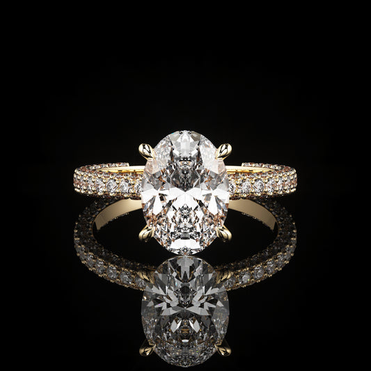 Solitaire 3 Row Pavé Oval 14K Yellow Gold