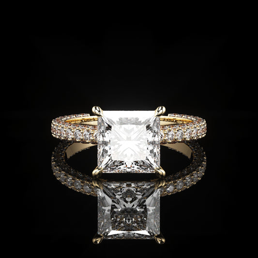 Solitaire 3 Row Pavé Princess 18K Yellow Gold