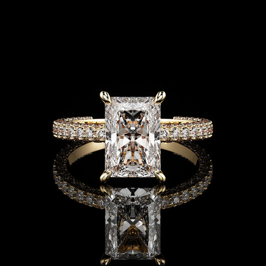 Solitaire 3 Row Pavé Radiant 18K Yellow Gold