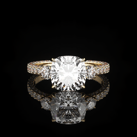 Three Stone 3 Row Pavé Cushion 18K Yellow Gold