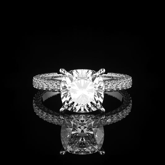 Solitaire 3 Row Pavé Cushion 18K White Gold