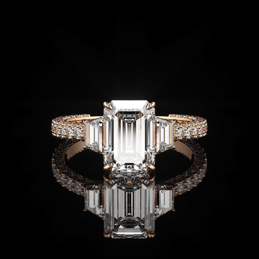 Three Stone 3 Row Pavé Emerald 14K Rose Gold