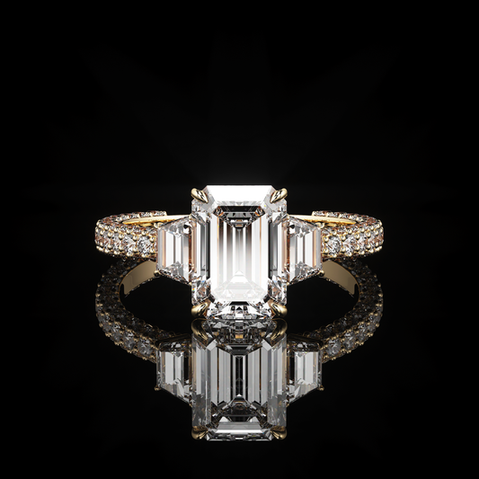 Three Stone 3 Row Pavé Emerald 14K Yellow Gold