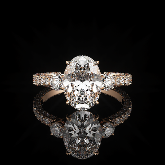 Three Stone 3 Row Pavé Oval 14K Rose Gold