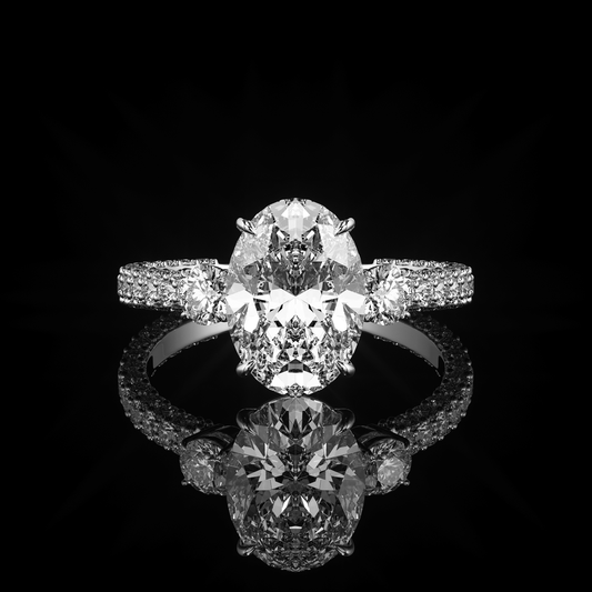 Three Stone 3 Row Pavé Oval 18K White Gold