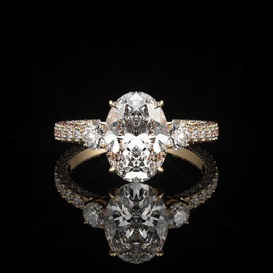 Three Stone 3 Row Pavé Oval 18K Yellow Gold