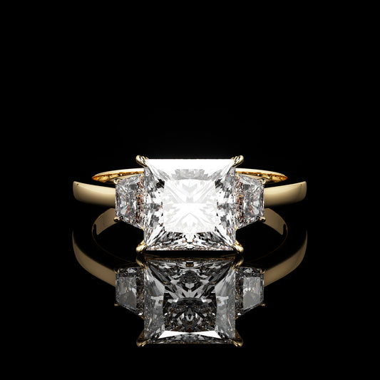 Three Stone High Polish Princess 18K Yellow Gold