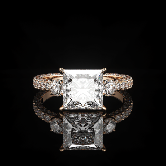 Three Stone 3 Row Pavé Princess 14K Rose Gold