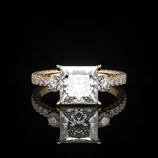 Three Stone 3 Row Pavé Princess 18K Yellow Gold