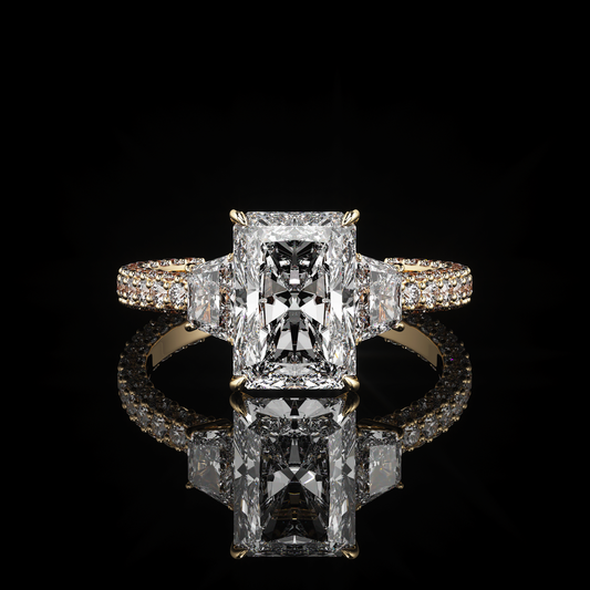 Three Stone 3 Row Pavé Radiant 18K Yellow Gold