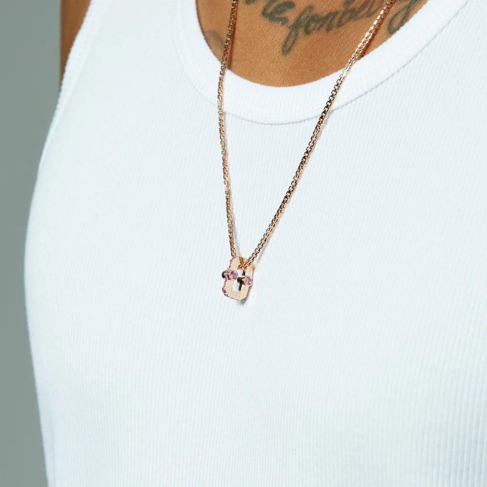 VARSITY UMLAUT PINK SAPPHIRE PENDANT