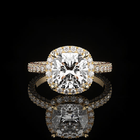 Halo 3 Row Pavé Cushion 14K Yellow Gold